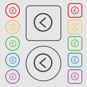 Arrow left, Way out icon sign. symbol on the Round and square buttons with frame. illustration