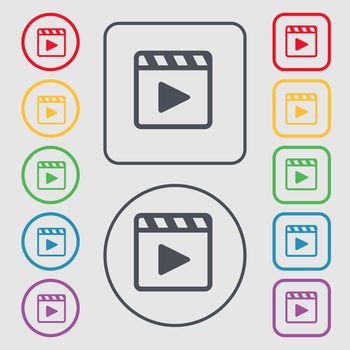 Play video icon sign. symbol on the Round and square buttons with frame. illustration