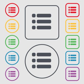 List menu, Content view options icon sign. symbol on the Round and square buttons with frame. illustration