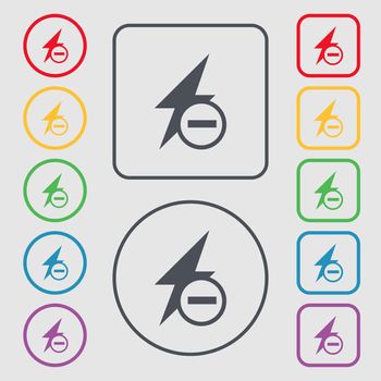 Photo flash icon sign. Symbols on the Round and square buttons with frame. illustration