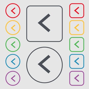 Arrow left, Way out icon sign. symbol on the Round and square buttons with frame. illustration