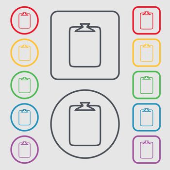 File annex icon. Paper clip symbol. Attach sign. Symbols on the Round and square buttons with frame. illustration
