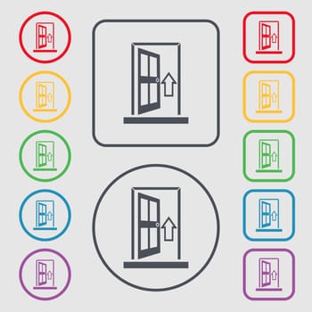 Door, Enter or exit icon sign. Symbols on the Round and square buttons with frame. illustration