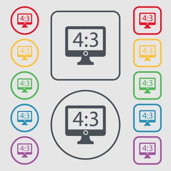 Aspect ratio 4 3 widescreen tv icon sign. Symbols on the Round and square buttons with frame. illustration