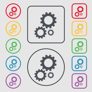 Cog settings sign icon. Cogwheel gear mechanism symbol. Symbols on the Round and square buttons with frame. illustration