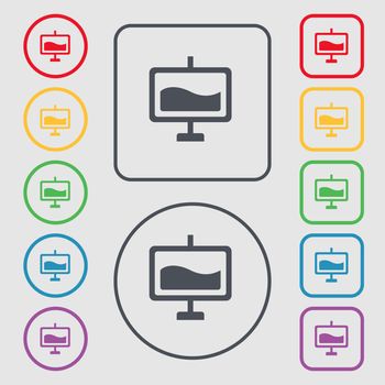 Presentation billboard icon sign. symbol on the Round and square buttons with frame. illustration