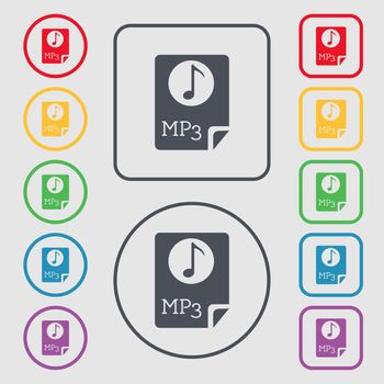 Audio, MP3 file icon sign. Symbols on the Round and square buttons with frame. illustration