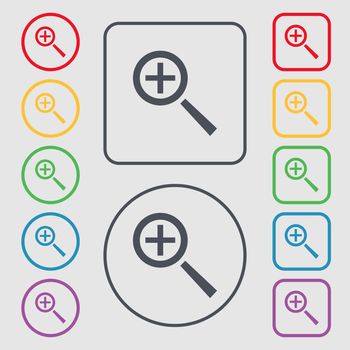 Magnifier glass, Zoom tool icon sign. Symbols on the Round and square buttons with frame. illustration