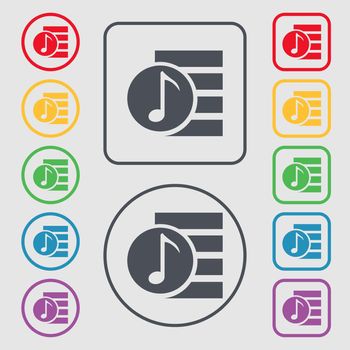 Audio, MP3 file icon sign. Symbols on the Round and square buttons with frame. illustration