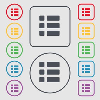 List menu, Content view options icon sign. symbol on the Round and square buttons with frame. illustration