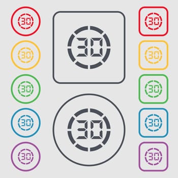 30 second stopwatch icon sign. Symbols on the Round and square buttons with frame. illustration