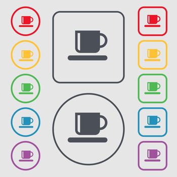 Coffee cup icon sign. symbol on the Round and square buttons with frame. illustration