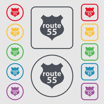 Route 55 highway icon sign. Symbols on the Round and square buttons with frame. illustration