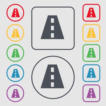 Road icon sign. symbol on the Round and square buttons with frame. illustration
