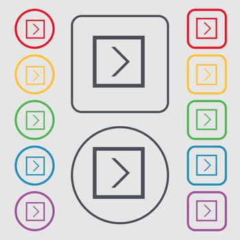 Arrow right, Next icon sign. symbol on the Round and square buttons with frame. illustration