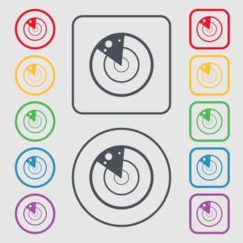 radar icon sign. Symbols on the Round and square buttons with frame. illustration