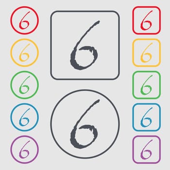 number six icon sign. Symbols on the Round and square buttons with frame. illustration