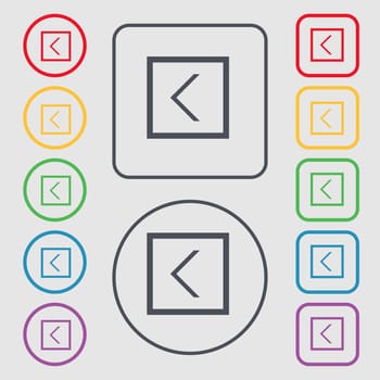 Arrow left, Way out icon sign. symbol on the Round and square buttons with frame. illustration