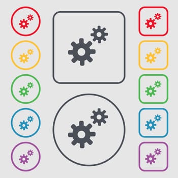Cog settings, Cogwheel gear mechanism icon sign. symbol on the Round and square buttons with frame. illustration