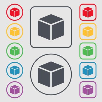 3d cube icon sign. Symbols on the Round and square buttons with frame. illustration