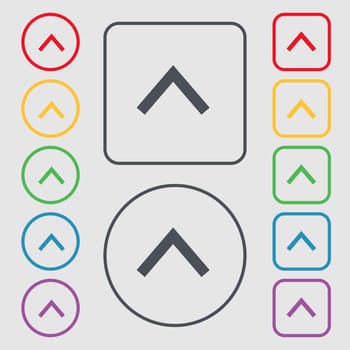 Direction arrow up icon sign. symbol on the Round and square buttons with frame. illustration