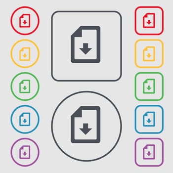 import, download file icon sign. symbol on the Round and square buttons with frame. illustration