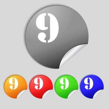 number Nine icon sign. Set of coloured buttons. illustration