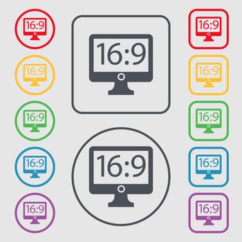 Aspect ratio 16:9 widescreen tv icon sign. Symbols on the Round and square buttons with frame. illustration