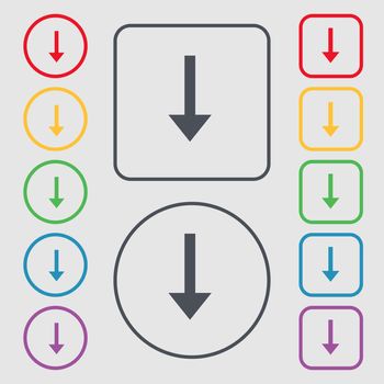 Arrow down, Download, Load, Backup icon sign. symbol on the Round and square buttons with frame. illustration