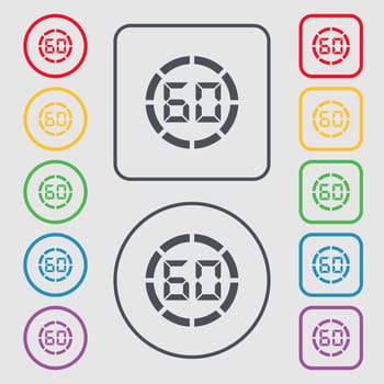 60 second stopwatch icon sign. Symbols on the Round and square buttons with frame. illustration