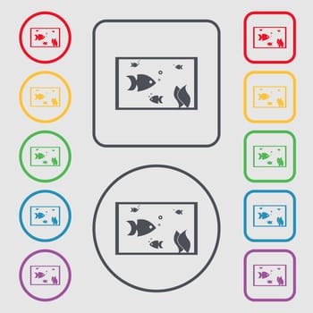 Aquarium, Fish in water icon sign. Symbols on the Round and square buttons with frame. illustration