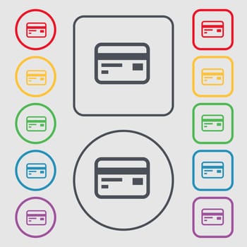 Credit, debit card icon sign. symbol on the Round and square buttons with frame. illustration