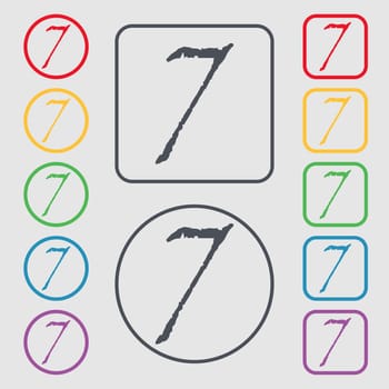 number seven icon sign. Symbols on the Round and square buttons with frame. illustration