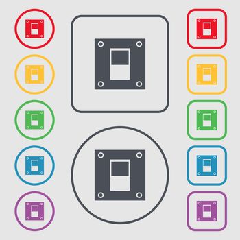 Power switch icon sign. Symbols on the Round and square buttons with frame. illustration