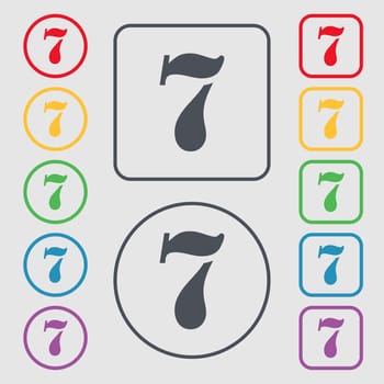 number seven icon sign. Symbols on the Round and square buttons with frame. illustration