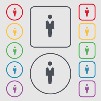 Human, Man Person, Male toilet icon sign. symbol on the Round and square buttons with frame. illustration