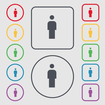 Human, Man Person, Male toilet icon sign. symbol on the Round and square buttons with frame. illustration