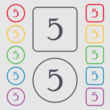 number five icon sign. Symbols on the Round and square buttons with frame. illustration