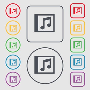 Audio, MP3 file icon sign. symbol on the Round and square buttons with frame. illustration