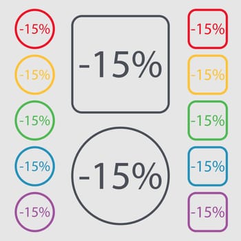 15 percent discount sign icon. Sale symbol. Special offer label. Symbols on the Round and square buttons with frame. illustration