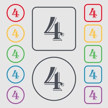 number four icon sign. Symbols on the Round and square buttons with frame. illustration