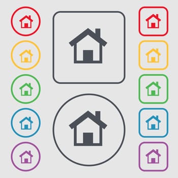 Home, Main page icon sign. symbol on the Round and square buttons with frame. illustration