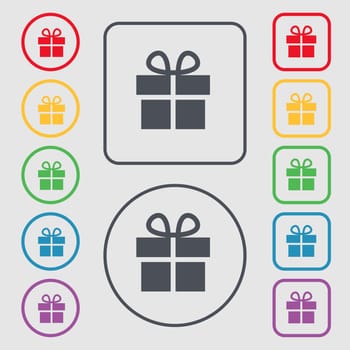 Gift box icon sign. symbol on the Round and square buttons with frame. illustration