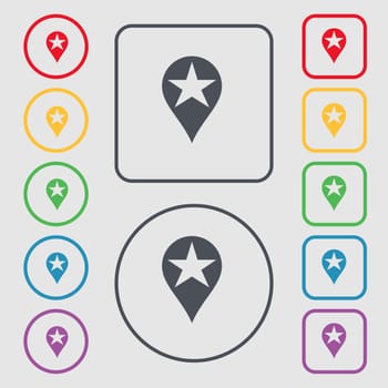 Map pointer award, GPS location icon sign. symbol on the Round and square buttons with frame. illustration