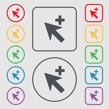 Cursor, arrow plus, add icon sign. Symbols on the Round and square buttons with frame. illustration