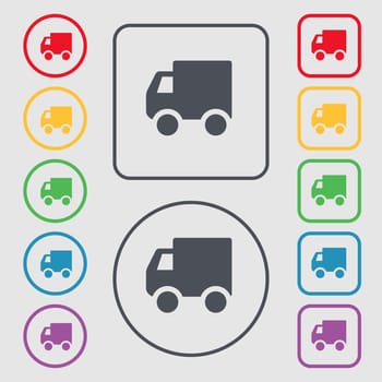 Delivery truck icon sign. symbol on the Round and square buttons with frame. illustration