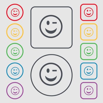 Winking Face icon sign. symbol on the Round and square buttons with frame. illustration