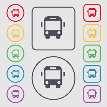 Bus icon sign. symbol on the Round and square buttons with frame. illustration