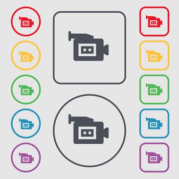 video camera icon sign. symbol on the Round and square buttons with frame. illustration