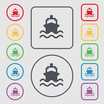 ship icon sign. symbol on the Round and square buttons with frame. illustration